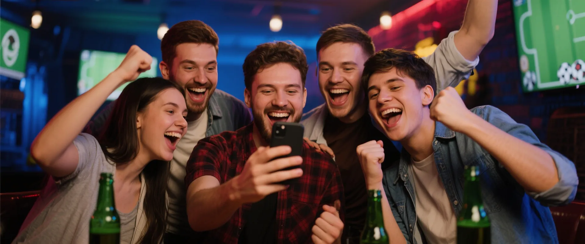 球迷使用手机看直播庆祝