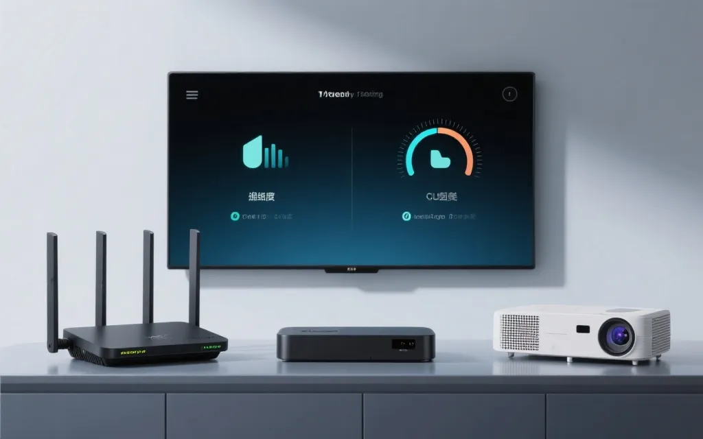 网络测速与画质设置界面：客厅设备在赛前统一检查